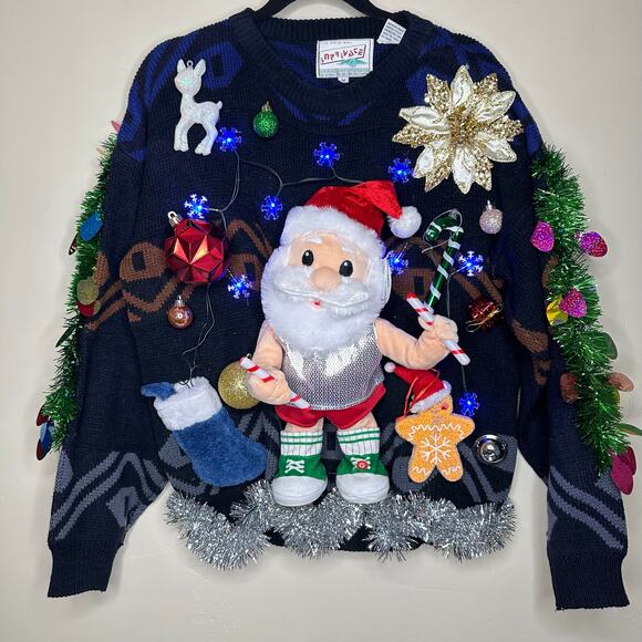 Ugly Christmas Sweater Singing Santa LIGHTS UP Tinsel Party Winner Size Medium - Picture 1 of 4